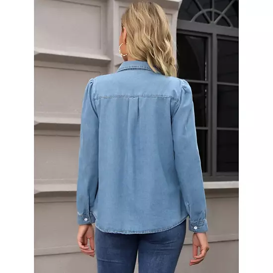 Women Denim Tops Pleated Front Puffy Long Sleeve Lightweight Button Down Jean Shirts 2 Women Denim Tops Pleated Front Puffy Long Sleeve Lightweight Button Down Jean Shirts - Image 2