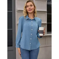 Women Denim Tops Pleated Front Puffy Long Sleeve Lightweight Button Down Jean Shirts 7 Women Denim Tops Pleated Front Puffy Long Sleeve Lightweight Button Down Jean Shirts -Fashion Clothing Store 7832095 ALT2