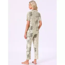 Women's Longewear Button Up Tencel Floral Ink Wash Pattern Short Sleeve Notched Collar Pants Set -Fashion Clothing Store 7833801 ALT