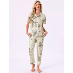 Women's Longewear Button Up Tencel Floral Ink Wash Pattern Short Sleeve Notched Collar Pants Set -Fashion Clothing Store 7833801 ALT2