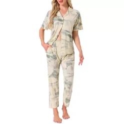 Women's Longewear Button Up Tencel Floral Ink Wash Pattern Short Sleeve Notched Collar Pants Set -Fashion Clothing Store 7833801 Green Ink Wash