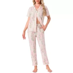 Women's Longewear Button Up Tencel Floral Ink Wash Pattern Short Sleeve Notched Collar Pants Set -Fashion Clothing Store 7833801 Pink Floral