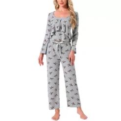 Women's 3 Piece Pajama Set Cami Tank Top Long Pants And V-Neck Long Sleeve Cardigan Loungewear Sets -Fashion Clothing Store 7833805 Gray And Brown Bow