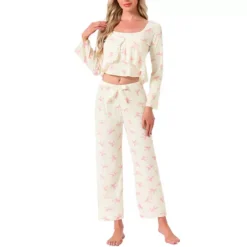 Women's 3 Piece Pajama Set Cami Tank Top Long Pants And V-Neck Long Sleeve Cardigan Loungewear Sets -Fashion Clothing Store 7833805 White And Pink Bow 1
