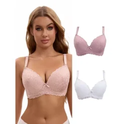 3 Pcs For Women's Lace Full Coverage Adjustable Strap Push Up Bras, Available In Plus Size