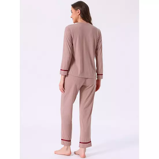 Women's Cotton Pajamas Ribbed Sleepwear Pullover Tops With Pants Loungewear Sets With Pocket 2 Women's Cotton Pajamas Ribbed Sleepwear Pullover Tops With Pants Loungewear Sets With Pocket - Image 2