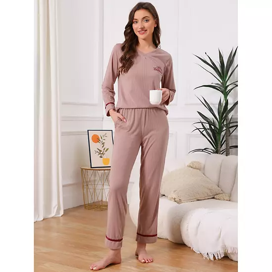 Women's Cotton Pajamas Ribbed Sleepwear Pullover Tops With Pants Loungewear Sets With Pocket 3 Women's Cotton Pajamas Ribbed Sleepwear Pullover Tops With Pants Loungewear Sets With Pocket - Image 3