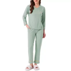 Women's Cotton Pajamas Ribbed Sleepwear Pullover Tops With Pants Loungewear Sets With Pocket