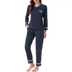 Women's Cotton Pajamas Ribbed Sleepwear Pullover Tops With Pants Loungewear Sets With Pocket 14 Women's Cotton Pajamas Ribbed Sleepwear Pullover Tops With Pants Loungewear Sets With Pocket -Fashion Clothing Store 7837240 Navy