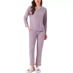 Women's Cotton Pajamas Ribbed Sleepwear Pullover Tops With Pants Loungewear Sets With Pocket 15 Women's Cotton Pajamas Ribbed Sleepwear Pullover Tops With Pants Loungewear Sets With Pocket -Fashion Clothing Store 7837240 Purple
