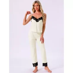 Women's Loungewear Lace Cami Spaghetti Strap Sleeveless Soft Pants Set Cardigan 3 Piece Pajama Set 9 Women's Loungewear Lace Cami Spaghetti Strap Sleeveless Soft Pants Set Cardigan 3 Piece Pajama Set -Fashion Clothing Store 7838635 ALT2