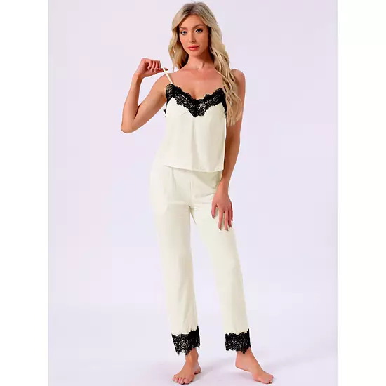 Women's Loungewear Lace Cami Spaghetti Strap Sleeveless Soft Pants Set Cardigan 3 Piece Pajama Set 3 Women's Loungewear Lace Cami Spaghetti Strap Sleeveless Soft Pants Set Cardigan 3 Piece Pajama Set - Image 3