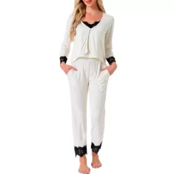 Women's Loungewear Lace Cami Spaghetti Strap Sleeveless Soft Pants Set Cardigan 3 Piece Pajama Set 12 Women's Loungewear Lace Cami Spaghetti Strap Sleeveless Soft Pants Set Cardigan 3 Piece Pajama Set -Fashion Clothing Store 7838635 White 1