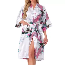Women's Satin Robes Floral V-Neck 3/4 Sleeve Bride Bridesmaids Nightgown Peacock Print Bathrobe -Fashion Clothing Store 7838649 White 1