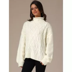 Women's Turtleneck Oversize Solid Color Knit Sweater -Fashion Clothing Store 7838657 ALT2