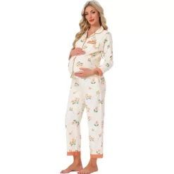 Women's Maternity Pajama Set Cotton Long Sleeve Elastic Waist Adjustable Pants Nursing Breastfeeding -Fashion Clothing Store 7850537 Yellow Floral 1