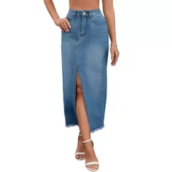 Women's Denim Skirt High Waist Split Front Raw Hem Washed Maxi Jean Skirts -Fashion Clothing Store 7850553 Blue