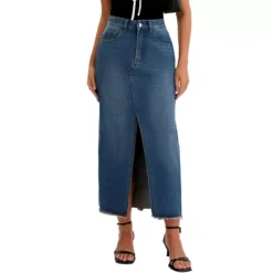 Women's Denim Skirt High Waist Split Front Raw Hem Washed Maxi Jean Skirts -Fashion Clothing Store 7850553 Retro Blue 1