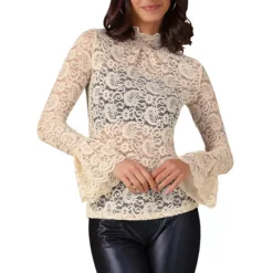 See Through Lace Top Gothic High Neck Bell Long Sleeve Sheer Mesh Tops -Fashion Clothing Store 7850555 Beige