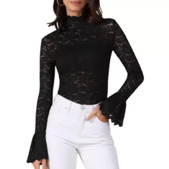 See Through Lace Top Gothic High Neck Bell Long Sleeve Sheer Mesh Tops -Fashion Clothing Store 7850555 Black