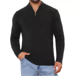 Men's Quarter Zip Pullover Sweater Knitted Mock Neck Polo Sweater -Fashion Clothing Store 7850557 Black