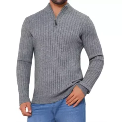 Men's Quarter Zip Pullover Sweater Knitted Mock Neck Polo Sweater -Fashion Clothing Store 7850557 Gray