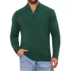 Men's Quarter Zip Pullover Sweater Knitted Mock Neck Polo Sweater -Fashion Clothing Store 7850557 Green