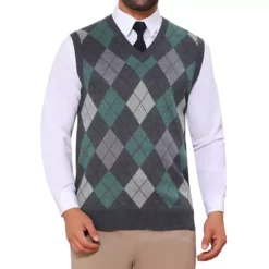 Men's Casual Knit Sleeveless V-Neck Plaid Argyle Sweater Vest -Fashion Clothing Store 7850560 Dark Gray