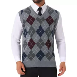 Men's Casual Knit Sleeveless V-Neck Plaid Argyle Sweater Vest -Fashion Clothing Store 7850560 Light Gray