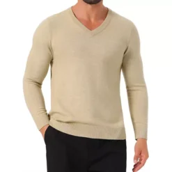 Men's Long Sleeve V-Neck Solid Color Knitted Pullover Sweater -Fashion Clothing Store 7850561 Beige