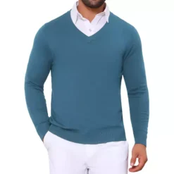 Men's Long Sleeve V-Neck Solid Color Knitted Pullover Sweater -Fashion Clothing Store 7850561 Blue