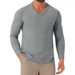 Men's Long Sleeve V-Neck Solid Color Knitted Pullover Sweater -Fashion Clothing Store 7850561 Gray