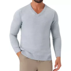 Men's Long Sleeve V-Neck Solid Color Knitted Pullover Sweater -Fashion Clothing Store 7850561 Light Gray