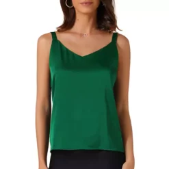 Women's Satin V Neck Spaghetti Strap Summer Fall Tank Tops -Fashion Clothing Store 7850563 Green