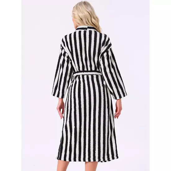 Women's Bath Robe Fleece Fluffy Terry Long Sleeve Belt Full Length Striped Plush Shaggy With Pockets 2 Women's Bath Robe Fleece Fluffy Terry Long Sleeve Belt Full Length Striped Plush Shaggy With Pockets - Image 2