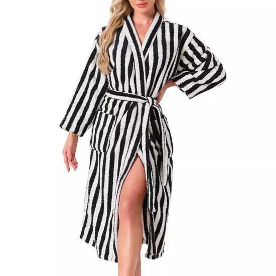 Women's Bath Robe Fleece Fluffy Terry Long Sleeve Belt Full Length Striped Plush Shaggy With Pockets 7 Women's Bath Robe Fleece Fluffy Terry Long Sleeve Belt Full Length Striped Plush Shaggy With Pockets - Image 7
