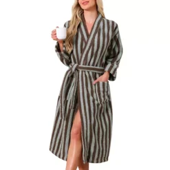 Women's Bath Robe Fleece Fluffy Terry Long Sleeve Belt Full Length Striped Plush Shaggy With Pockets 13 Women's Bath Robe Fleece Fluffy Terry Long Sleeve Belt Full Length Striped Plush Shaggy With Pockets -Fashion Clothing Store 7850565 Blue Brown 1
