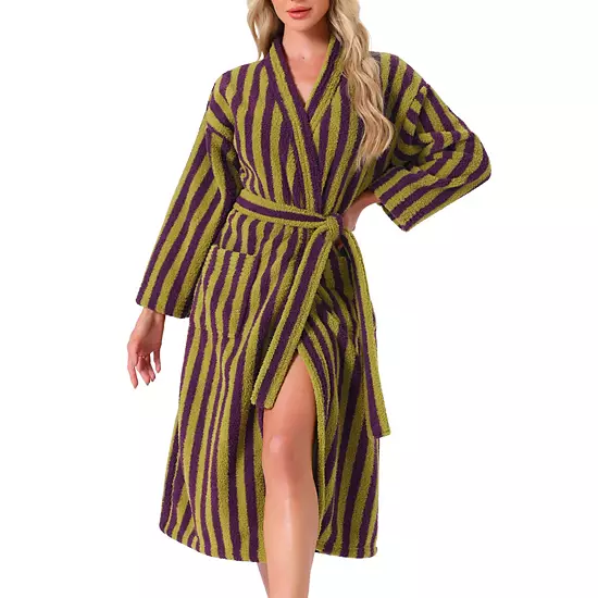 Women's Bath Robe Fleece Fluffy Terry Long Sleeve Belt Full Length Striped Plush Shaggy With Pockets 8 Women's Bath Robe Fleece Fluffy Terry Long Sleeve Belt Full Length Striped Plush Shaggy With Pockets - Image 8
