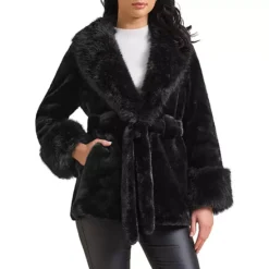 Women's Faux Fur Coat Winter Lapel Shaggy Warm Fluffy Jacket With Pockets -Fashion Clothing Store 7850568 Black 1