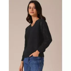 Women's Sweaters V Neck Knit Crochet Hollow Out Long Sleeve Pullover Sweater Top -Fashion Clothing Store 7850572 ALT2