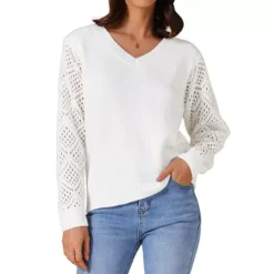 Women's Sweaters V Neck Knit Crochet Hollow Out Long Sleeve Pullover Sweater Top -Fashion Clothing Store 7850572 White