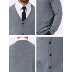 Men's V Neck Long Sleeved Button Down Knit Cardigan Sweaters With Pockets -Fashion Clothing Store 7850593 ALT3