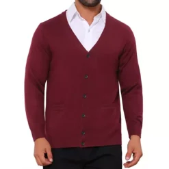 Men's V Neck Long Sleeved Button Down Knit Cardigan Sweaters With Pockets -Fashion Clothing Store 7850593 Burgundy