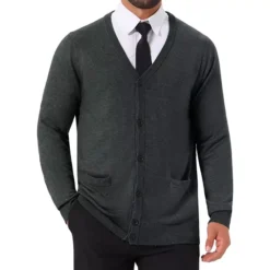 Men's V Neck Long Sleeved Button Down Knit Cardigan Sweaters With Pockets -Fashion Clothing Store 7850593 Dark Gray