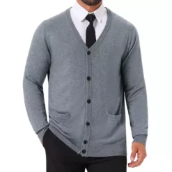 Men's V Neck Long Sleeved Button Down Knit Cardigan Sweaters With Pockets -Fashion Clothing Store 7850593 Light Gray 1