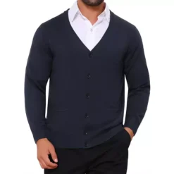 Men's V Neck Long Sleeved Button Down Knit Cardigan Sweaters With Pockets -Fashion Clothing Store 7850593 Navy Blue
