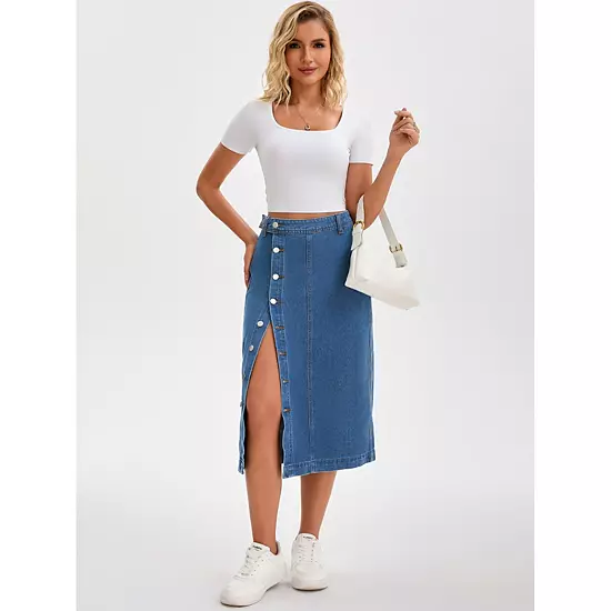 Women Denim Midi Skirt High Waisted Button Up Casual Slit Jean Skirts 2 Women Denim Midi Skirt High Waisted Button Up Casual Slit Jean Skirts - Image 2
