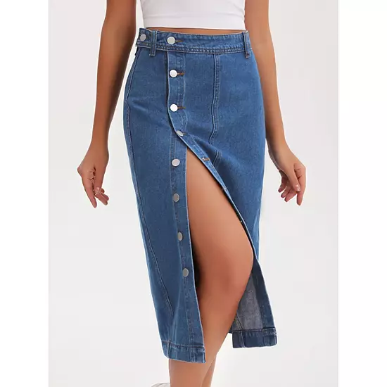 Women Denim Midi Skirt High Waisted Button Up Casual Slit Jean Skirts 4 Women Denim Midi Skirt High Waisted Button Up Casual Slit Jean Skirts - Image 4