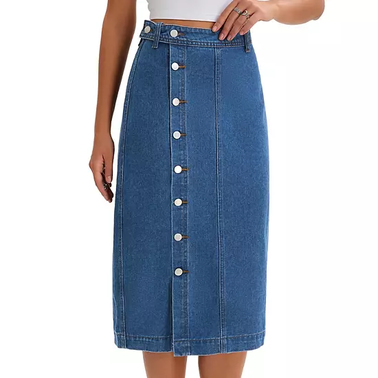 Women Denim Midi Skirt High Waisted Button Up Casual Slit Jean Skirts 6 Women Denim Midi Skirt High Waisted Button Up Casual Slit Jean Skirts - Image 6