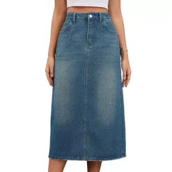 Women's Denim Skirt Stretch High Waisted Split Back Pockets Casual Pencil Midi Jean Skirts -Fashion Clothing Store 7850604 Retro Blue
